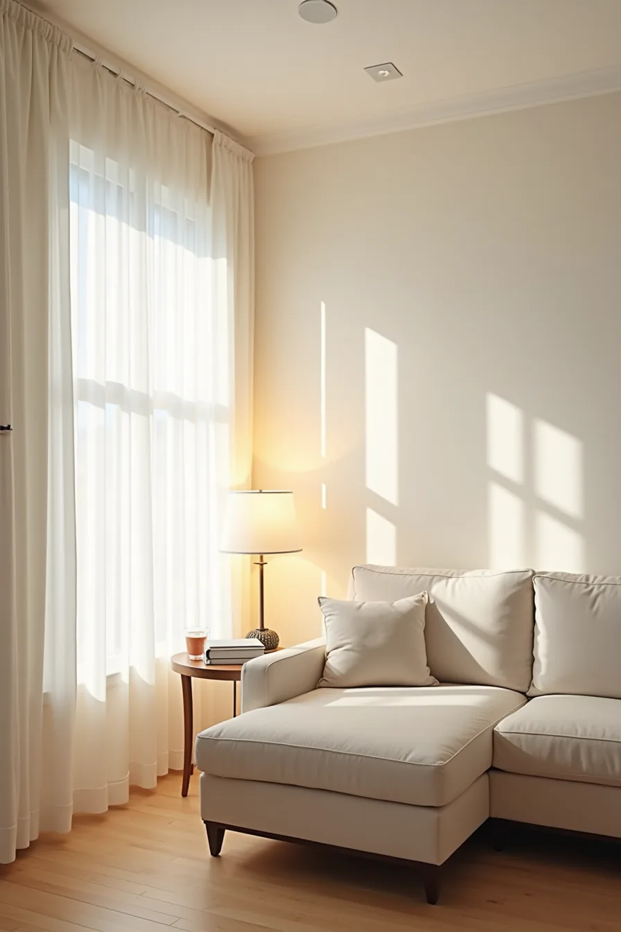 Sofa with floor lamp behind, table lamp on side table, visible outlet, recessed ceiling lights, and floor checklist.