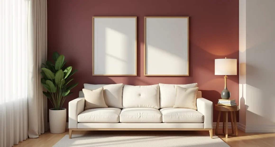 Cream sofa against a burgundy wall with botanical prints, a potted evergreen on a side table, and natural light from a