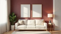 Cream sofa against a burgundy wall with botanical prints, a potted evergreen on a side table, and natural light from a