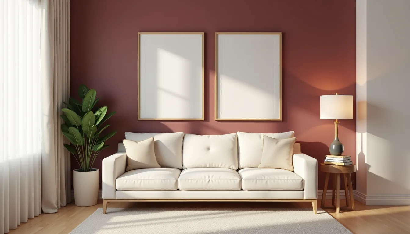 Cream sofa against a burgundy wall with botanical prints, a potted evergreen on a side table, and natural light from a