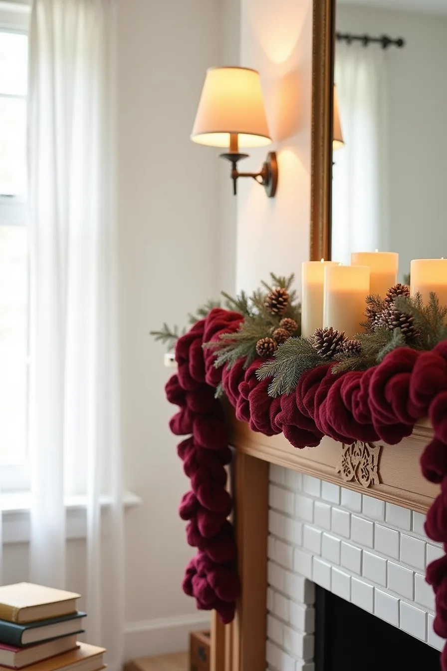 Fireplace mantel dressed with burgundy velvet garland, gold ribbon, pillar candles, and pinecones against white subway tile.