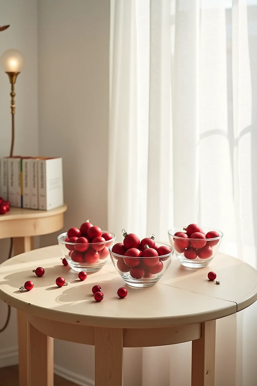 Three glass bowls filled with red matte and glossy ornaments arranged on a round wooden table with additional ornaments