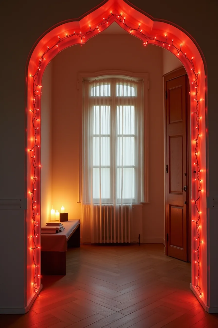 Red string lights strung along a doorway archway with wrapped packages on a wooden bench below, creating red pools of light.