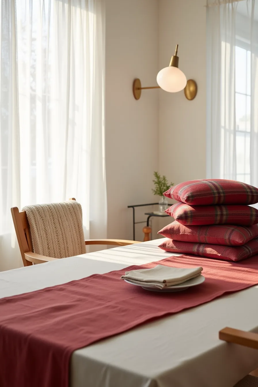 Dining table with a red linen runner, red plaid throw pillows stacked on a chair, and a cream knit blanket draped over the