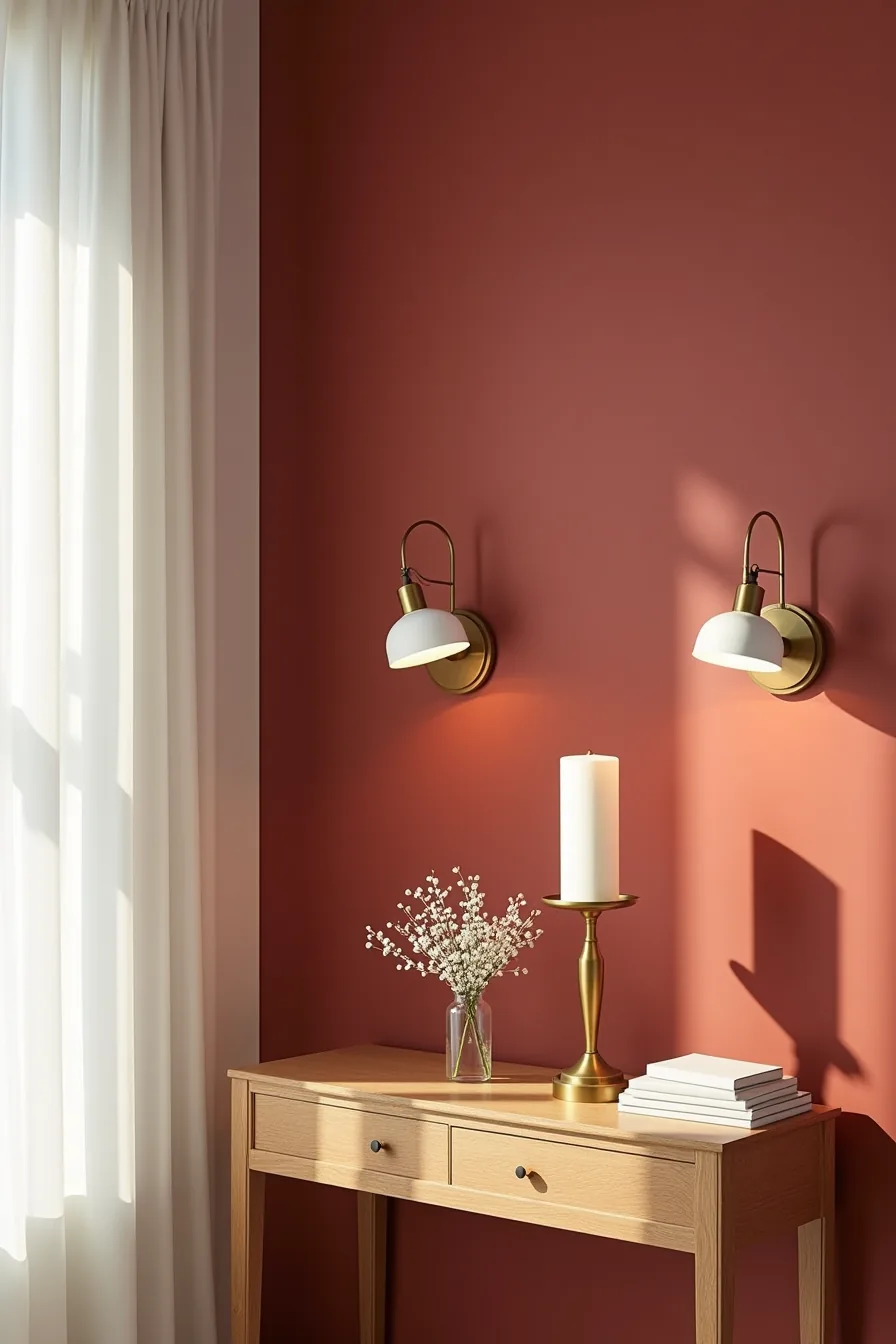 A brass candlestick and glass vase with white branches arranged on a console table against a deep red wall.