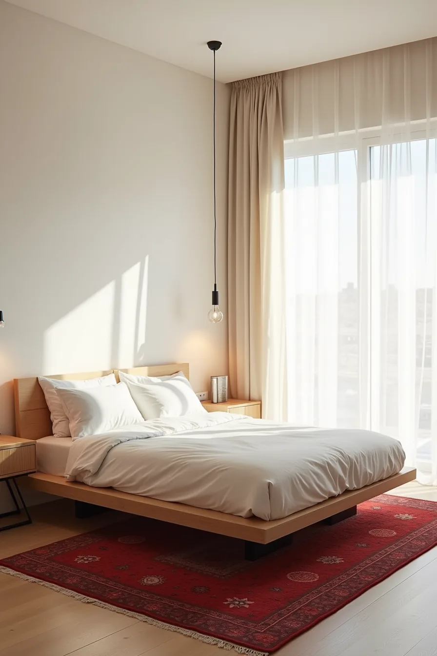 Red Persian rug placed at the foot of a platform bed with metal nightstands and a pendant light in a bedroom corner.