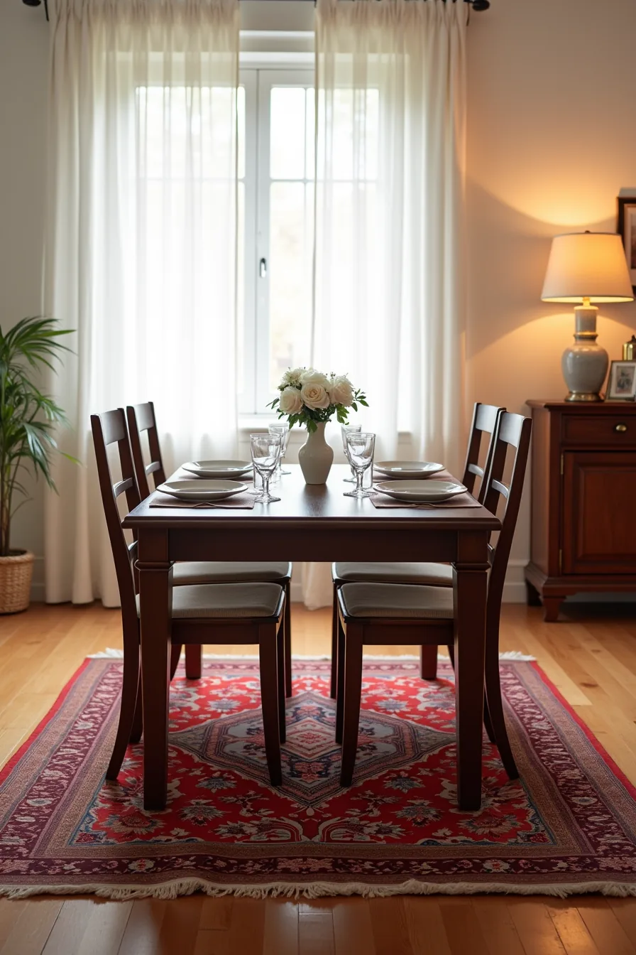 Red Persian rug extends under a dark wood dining table with four chairs and a matching sideboard in the background.
