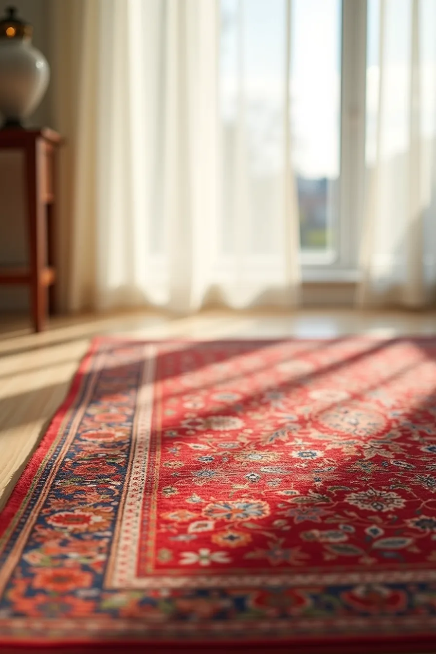 Magnified close-up of hand-knotted red Persian rug pile displaying individual knots, fiber quality, and a scale reference.