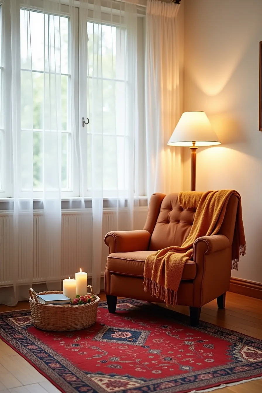 Red Persian rug layered with burnt-orange throw blanket over a rust armchair, accessorized with candles and a woven basket.