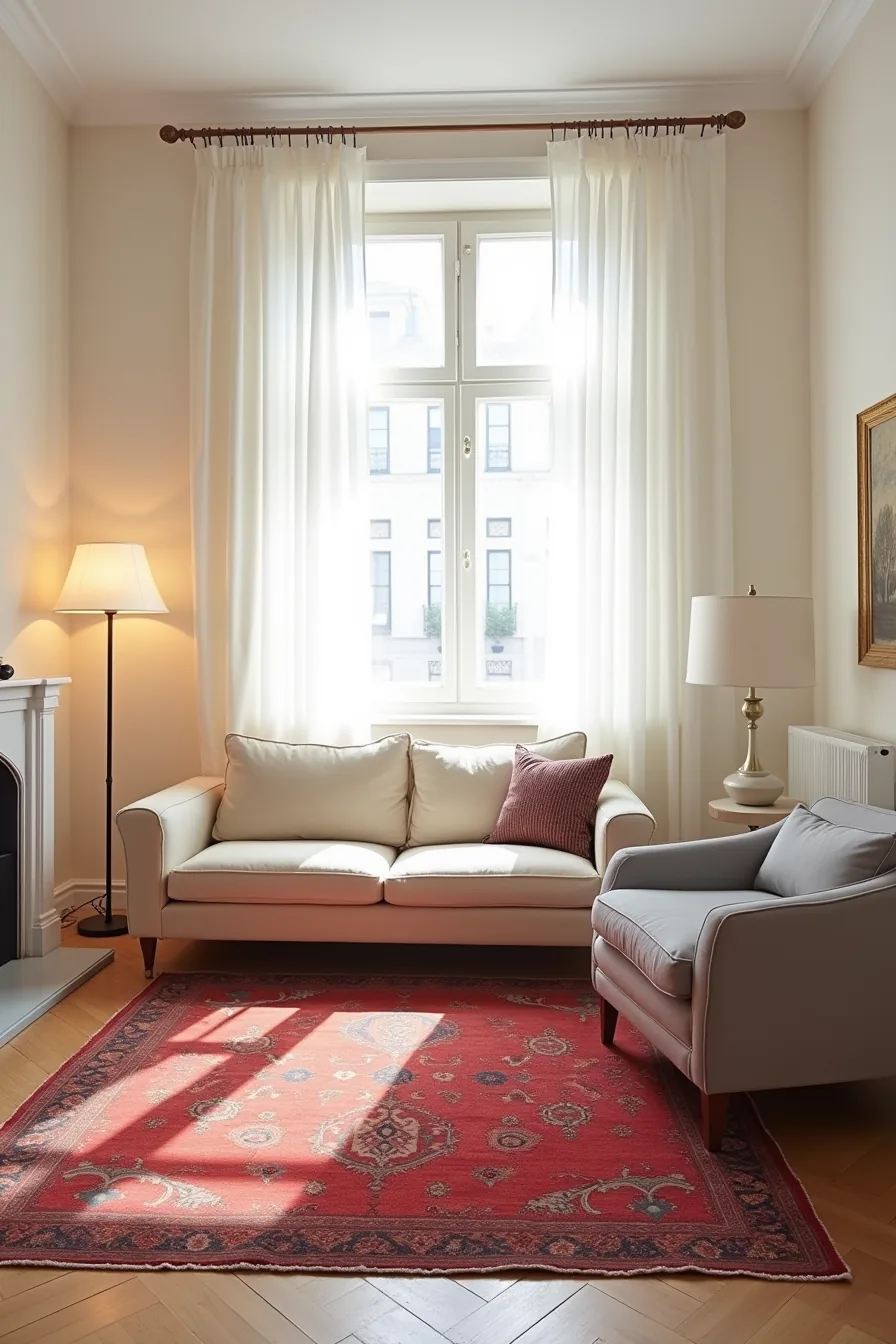 Red Persian rug grounds a seating arrangement with cream sofa, gray armchair, and white side table in a living room.