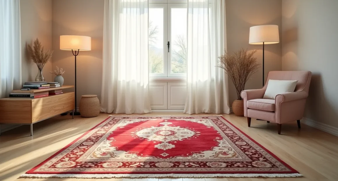 Red Persian rug with medallion pattern displayed flat on light wood, showing detailed pile texture and traditional border in