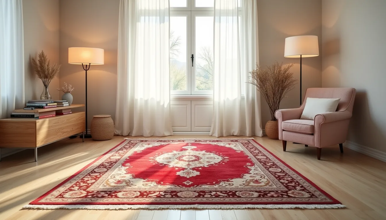 Red Persian rug with medallion pattern displayed flat on light wood, showing detailed pile texture and traditional border in