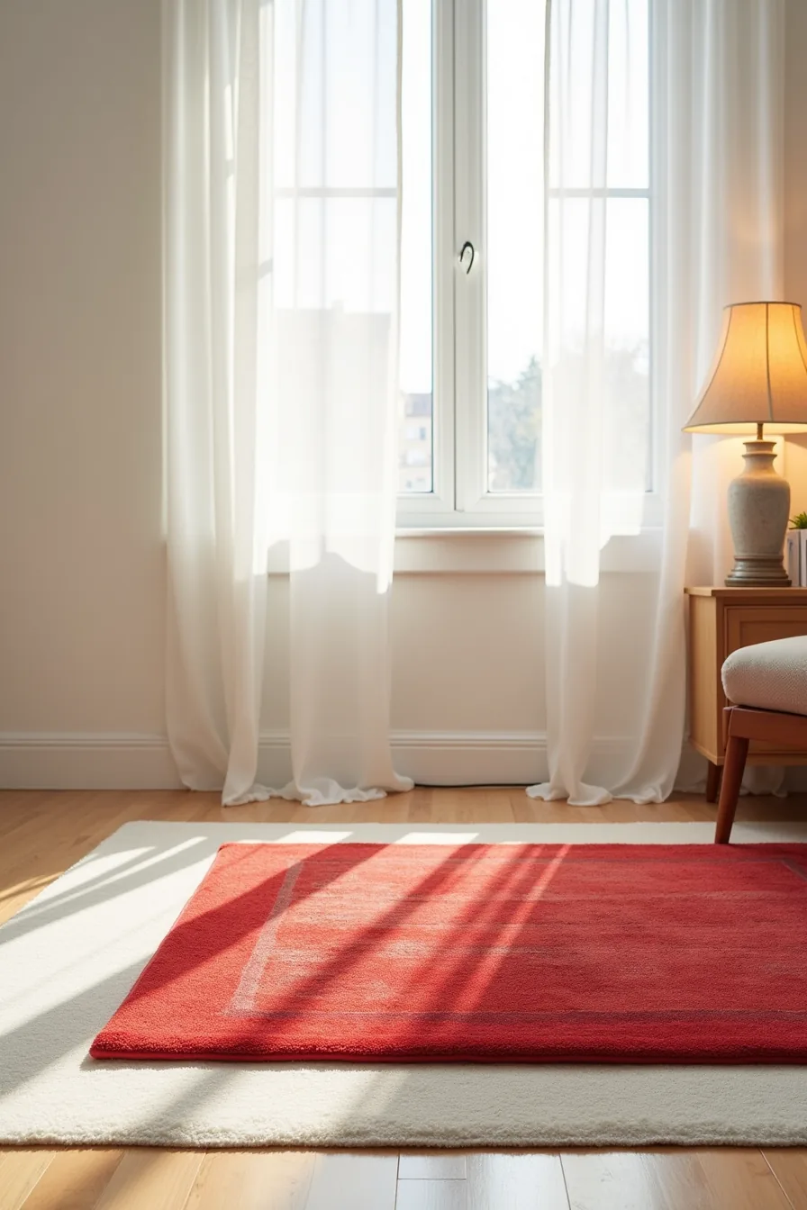 Machine-made red rug layered over a transparent rug pad on light carpet with corner lifted to reveal the pad.
