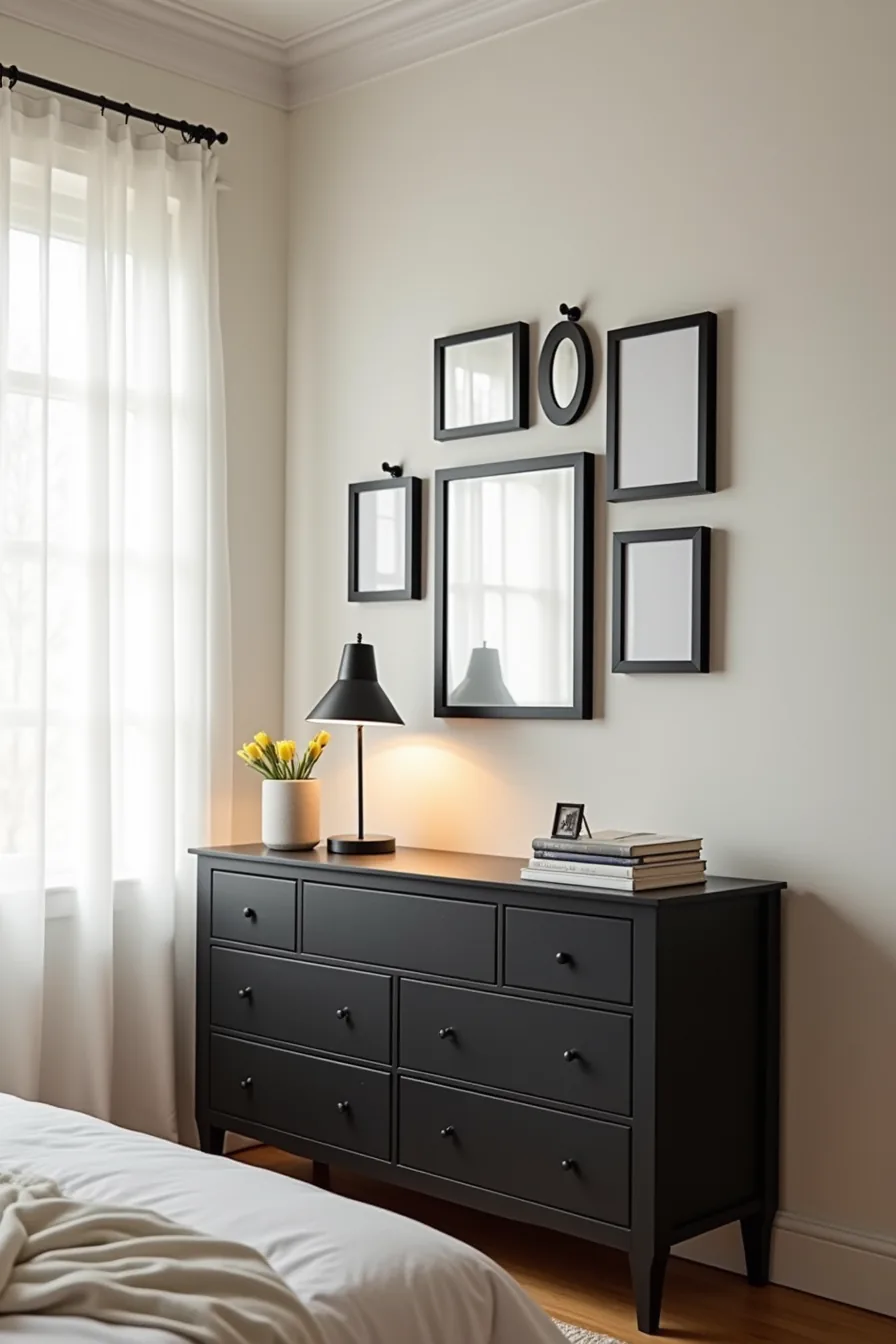 Matte black painted dresser below a wall display of mismatched black frames lit by a clip-on spotlight.