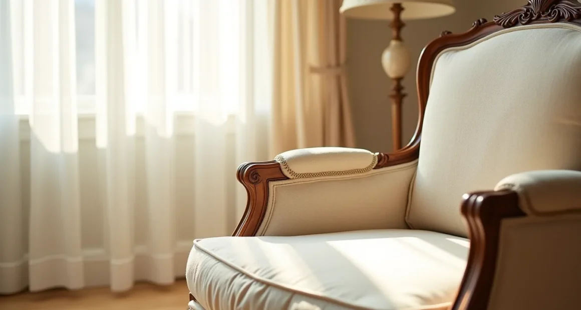 Ornate wooden armchair frame with carved acanthus leaves and scrollwork, backlit to show relief details and upholstered seat.