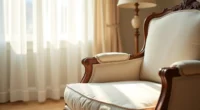 Ornate wooden armchair frame with carved acanthus leaves and scrollwork, backlit to show relief details and upholstered seat.