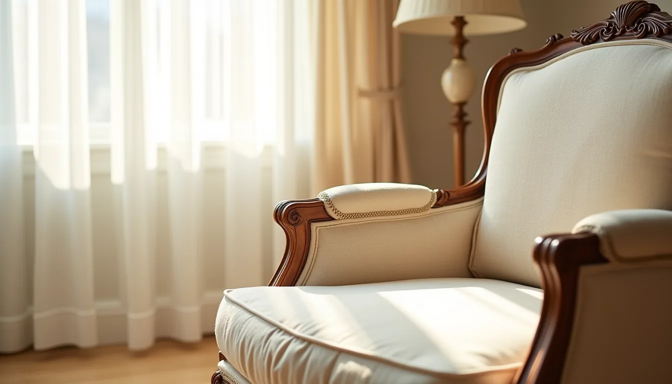 Ornate wooden armchair frame with carved acanthus leaves and scrollwork, backlit to show relief details and upholstered seat.