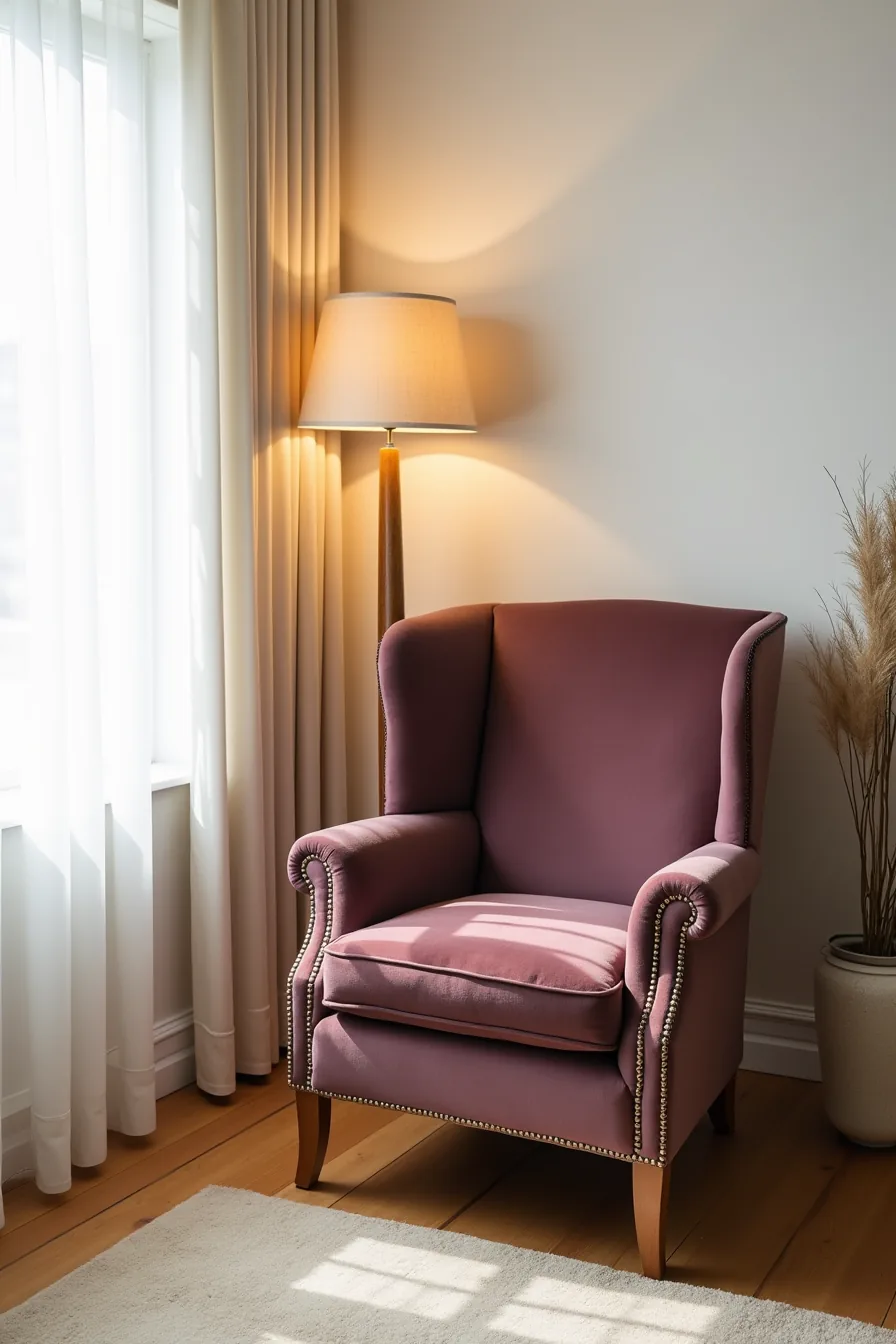 Deep jewel-tone velvet armchair with nailhead trim along the edges and wooden frame and legs visible.