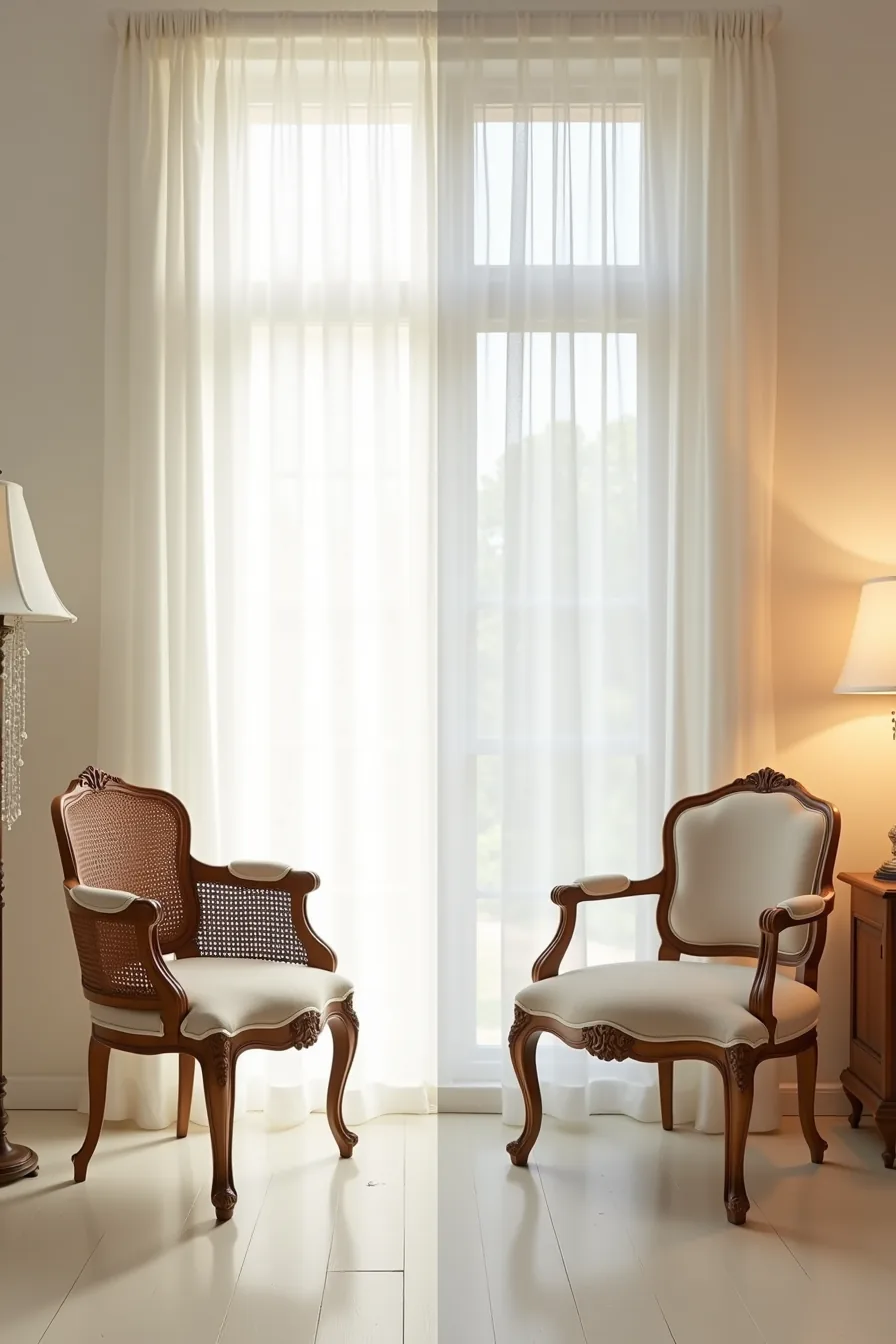 Side-by-side comparison of an ornately carved chair with scrolled arms and cabriole legs versus a minimalist
