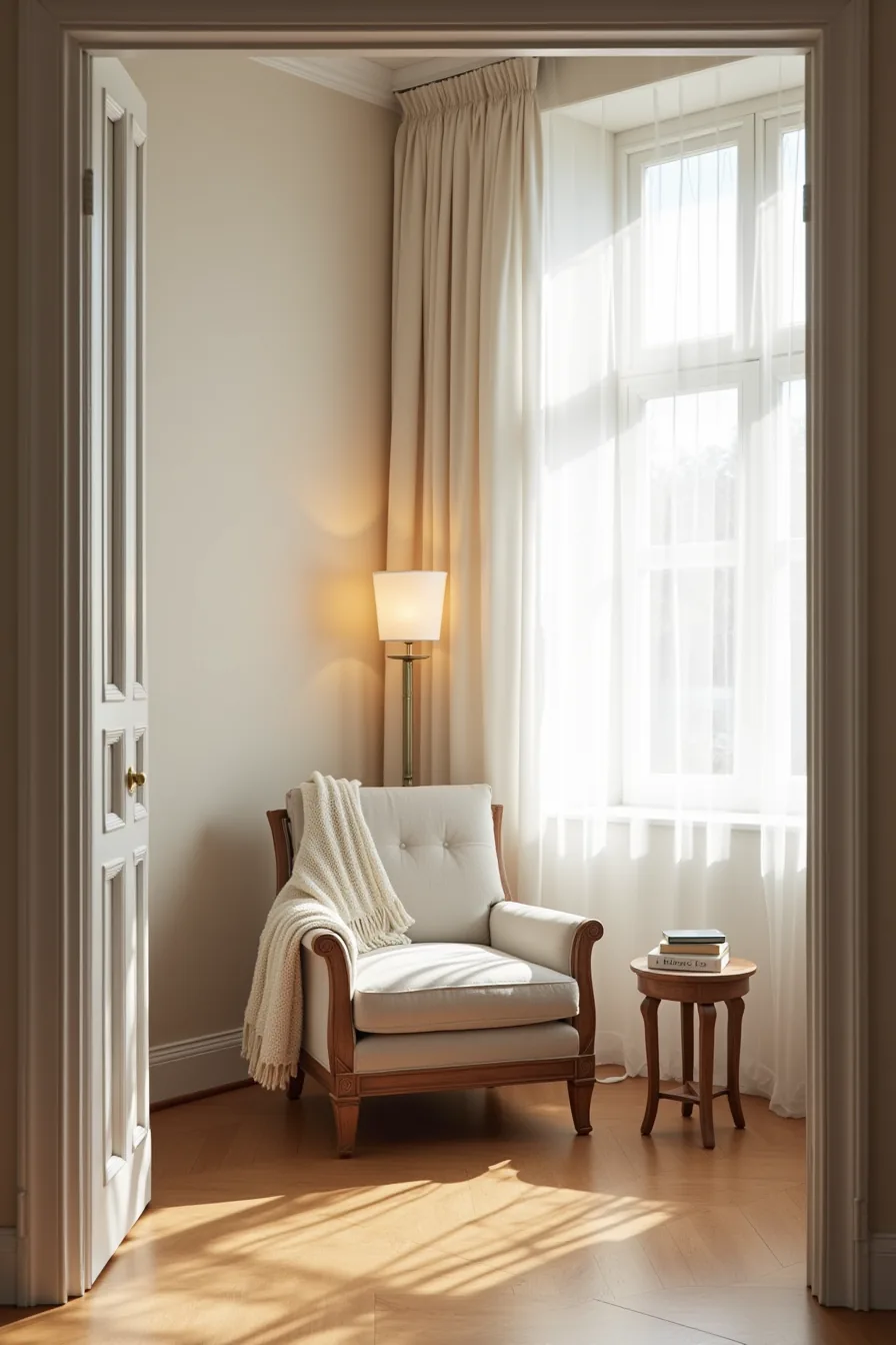 Royal chair positioned in a room corner next to a side table and floor lamp, with a throw blanket draped over the arm.