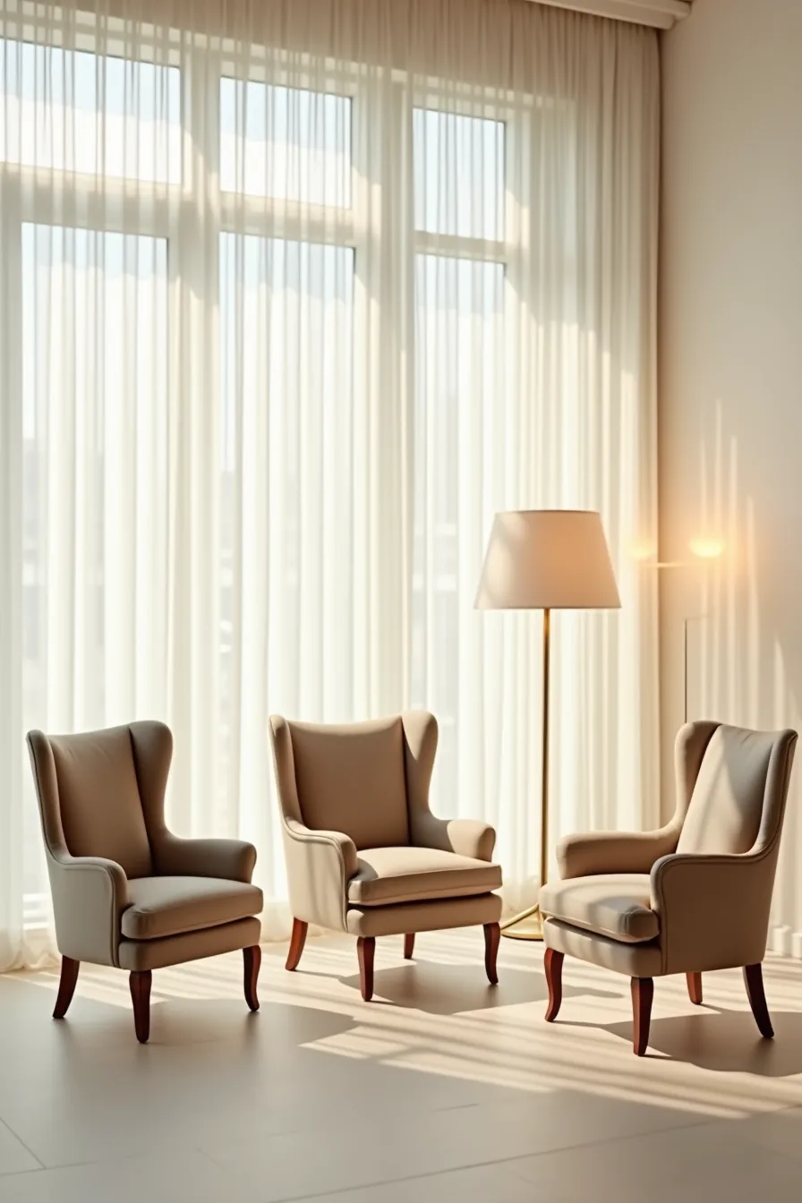 Three chairs in increasing sizes from left to right: compact wingback, standard club chair, and oversized throne-style chair.