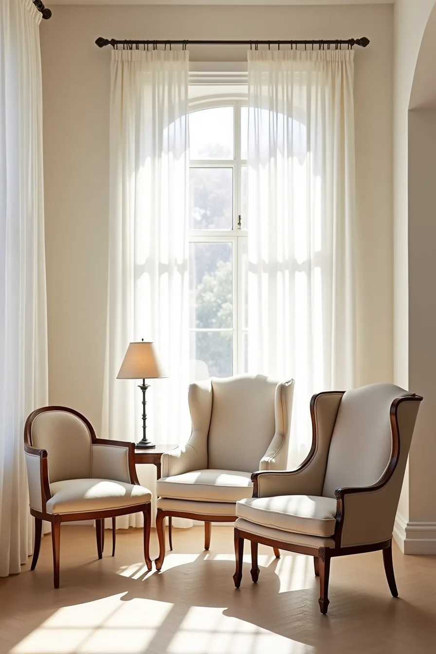 Three chairs representing different price points: vintage reupholstered, contemporary wingback, and high-end carved mahogany