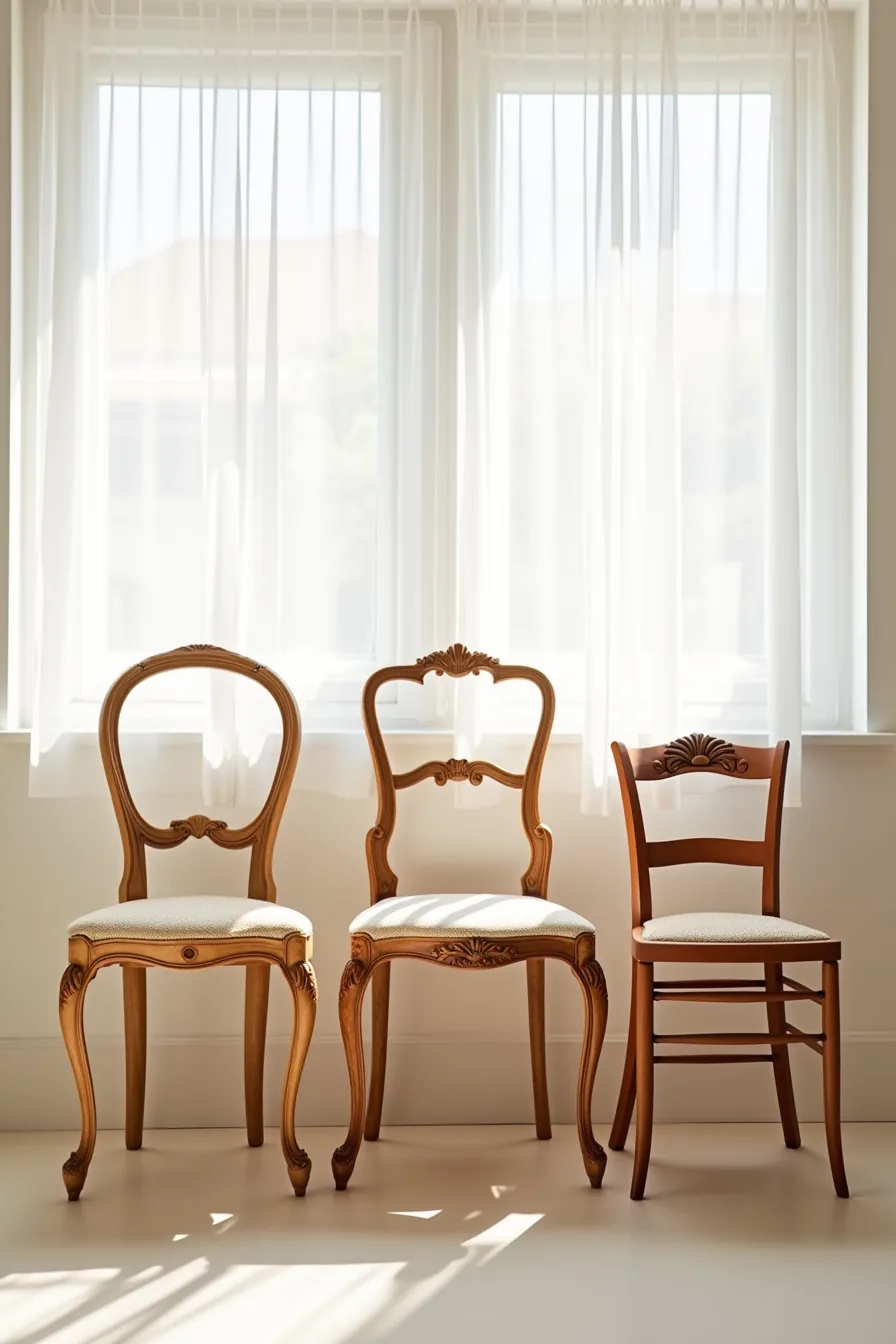 Three wooden chair frames showing different leg styles: ball-and-claw with fluting, straight tapered, and cabriole with