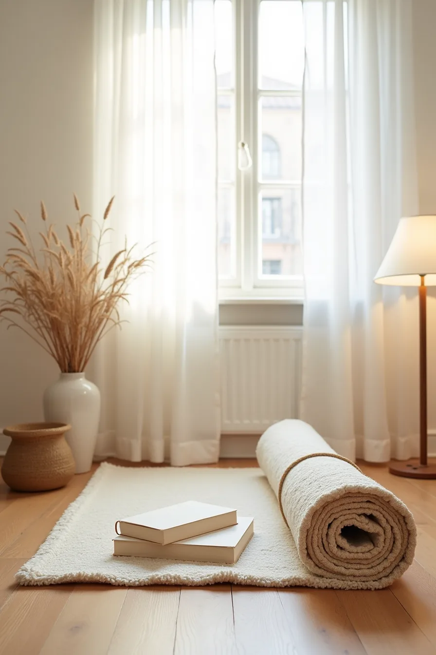 Rolled flatweave rug with twine, rug pad, and gripper strips on laminate flooring for rentals.