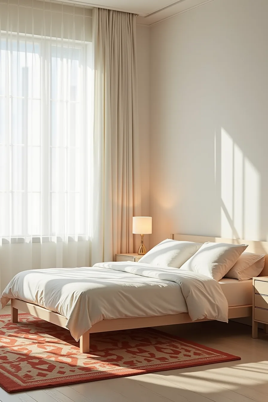 Two bedrooms side-by-side: one with geometric rug under bed, one with cream rug and neutral furniture.