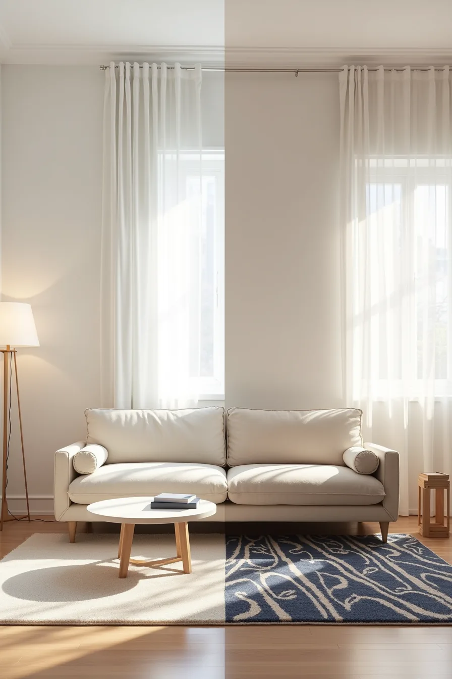 Side-by-side comparison of a cream rug and a patterned rug, each under the same sofa, coffee table, and throw pillow setup.