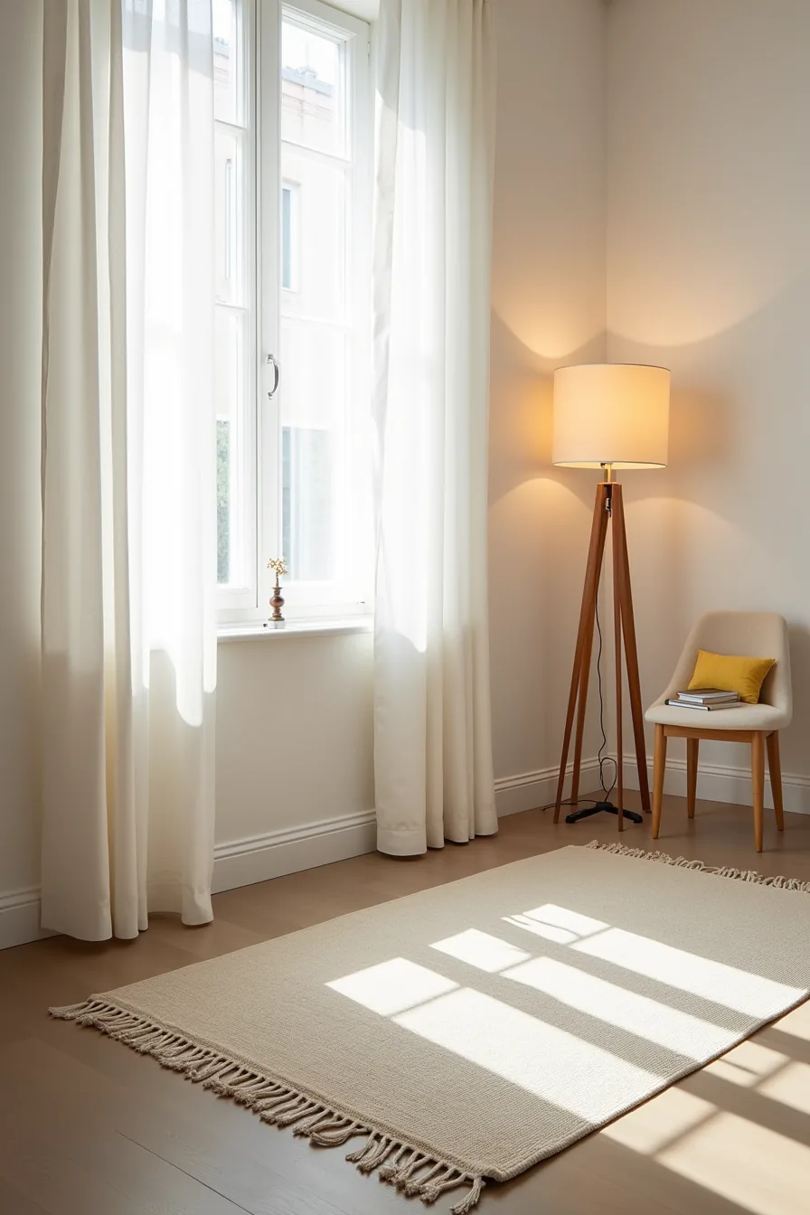 Two layered rugs in neutral tones on concrete flooring, showing the corner edges and baseboard detail without furniture.