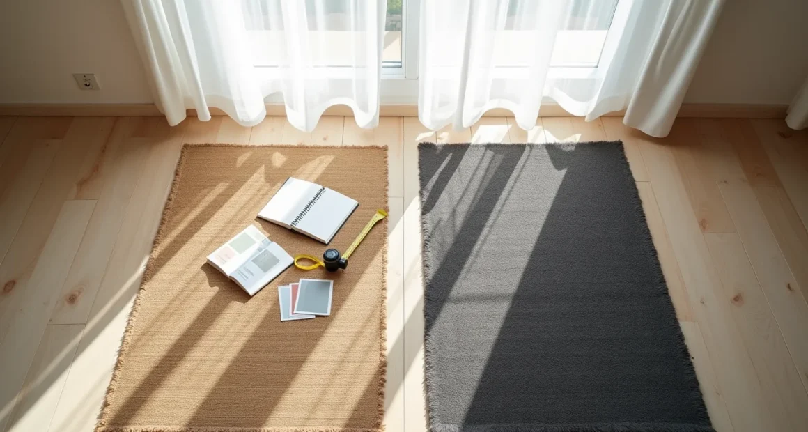 Two rugs—one jute, one wool—displayed next to each other with a tape measure, color swatches, and notebook between them on a