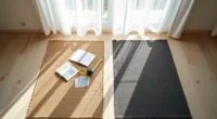 Two rugs—one jute, one wool—displayed next to each other with a tape measure, color swatches, and notebook between them on a