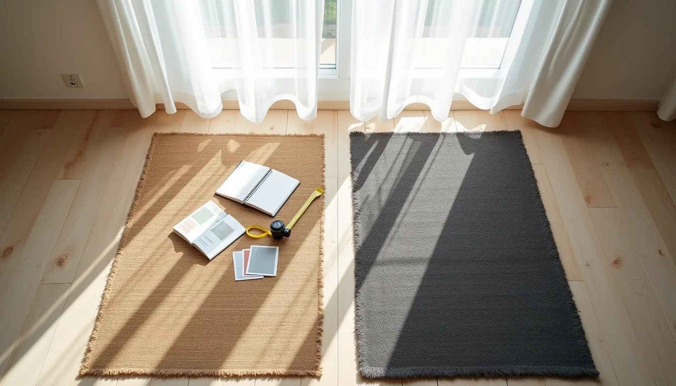 Two rugs—one jute, one wool—displayed next to each other with a tape measure, color swatches, and notebook between them on a