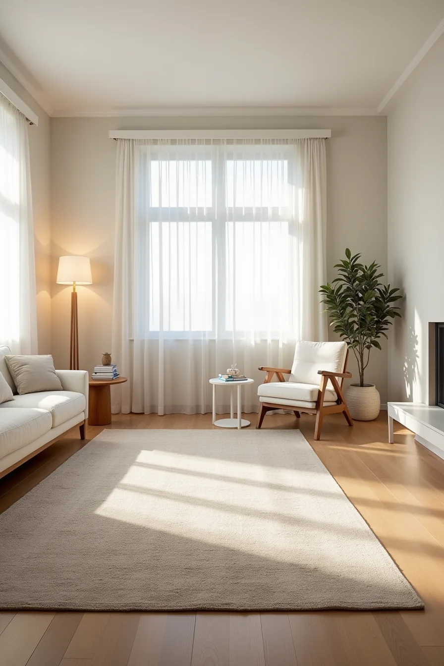 Open living area with three rugs layered at different angles, including a base rug, diagonal runner, and accent rug near a