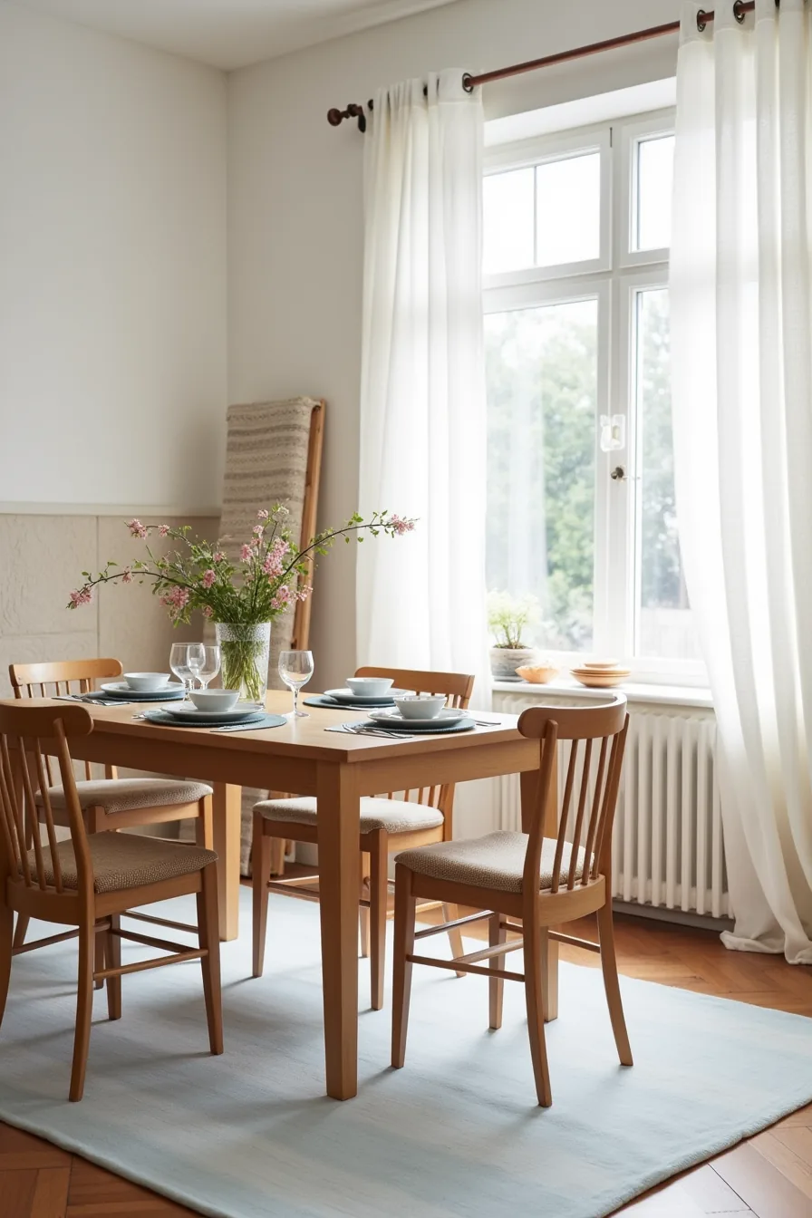 Dining room with a pale blue and white linen rug under a set table, and rolled and folded rugs leaning against the wall