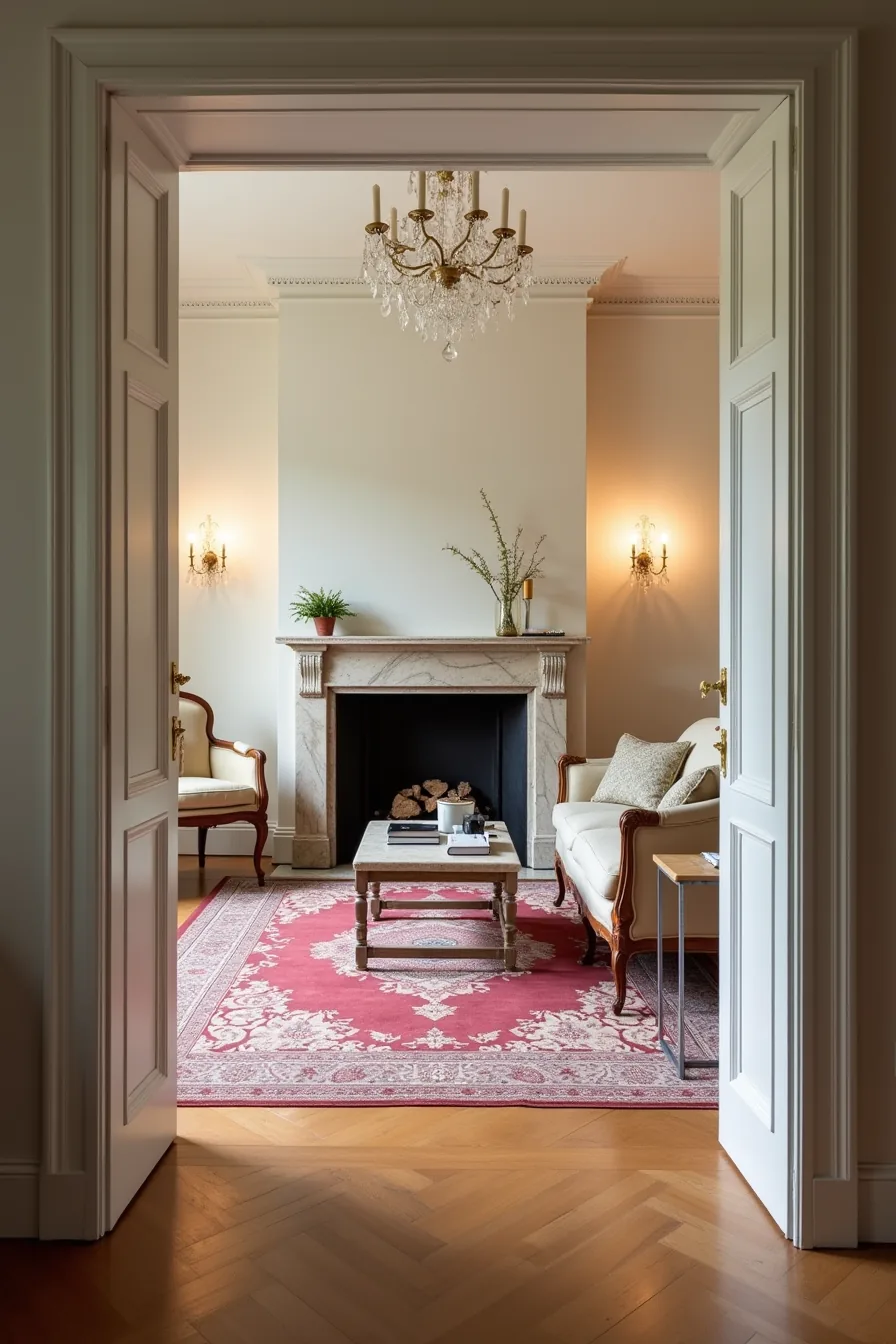 Formal living room with a jewel-toned Persian rug centered under a marble fireplace, antique sofa, and crystal chandelier.