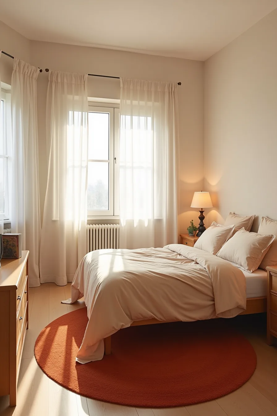 Bedroom with a deep terracotta rug, walls, bedding, and curtains in matching warm earth tones, framed by a wooden dresser