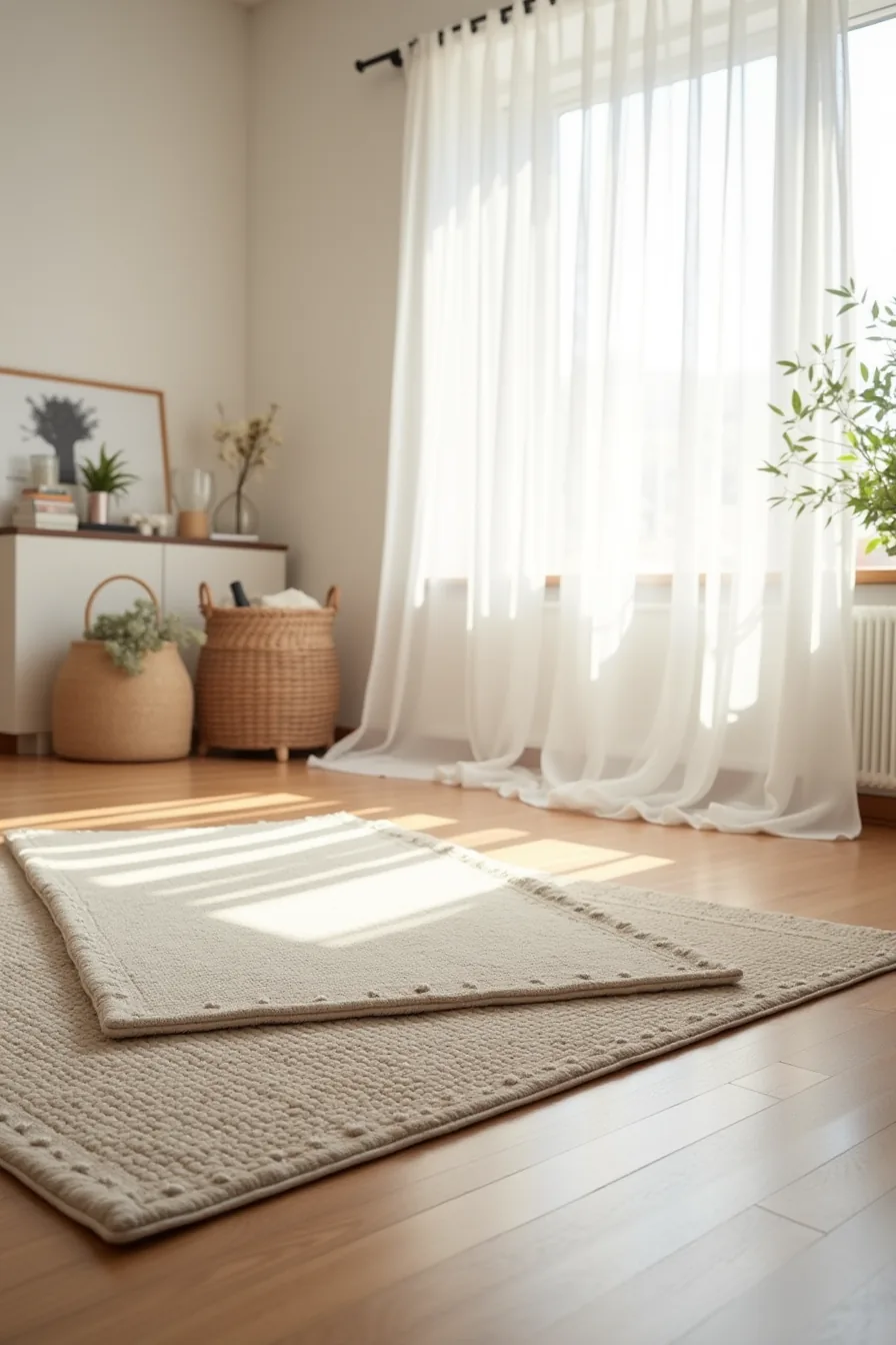 Layered rugs with patterned rug offset on larger neutral base create depth in living space.