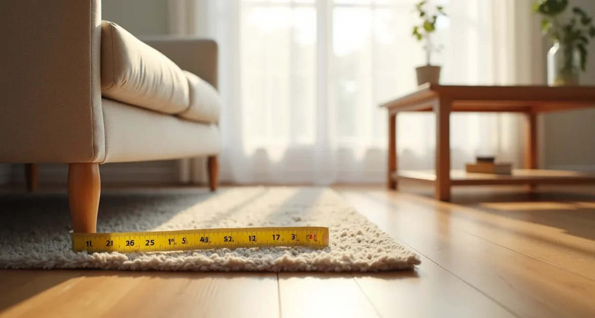Measuring tape on hardwood floor next to sofa leg shows rug scale under coffee table.