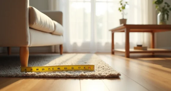 Measuring tape on hardwood floor next to sofa leg shows rug scale under coffee table.