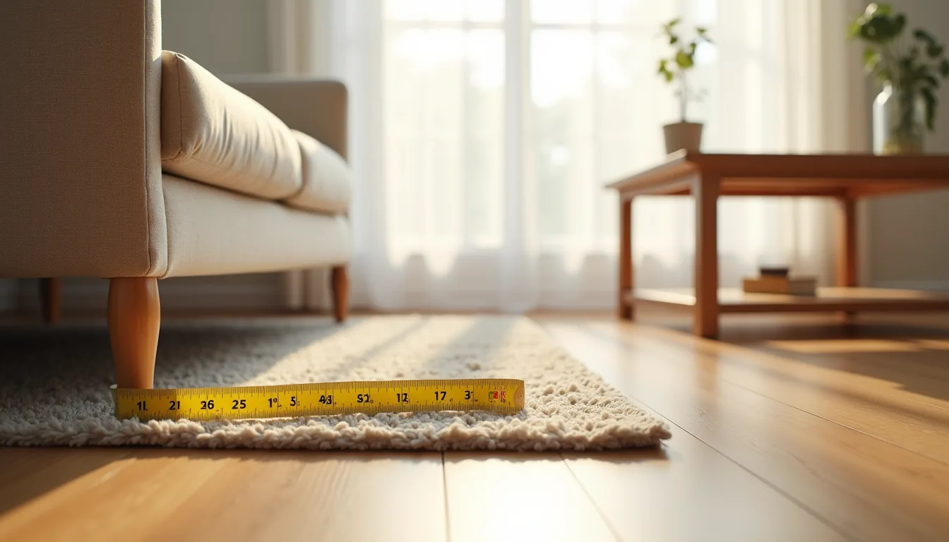 Measuring tape on hardwood floor next to sofa leg shows rug scale under coffee table.