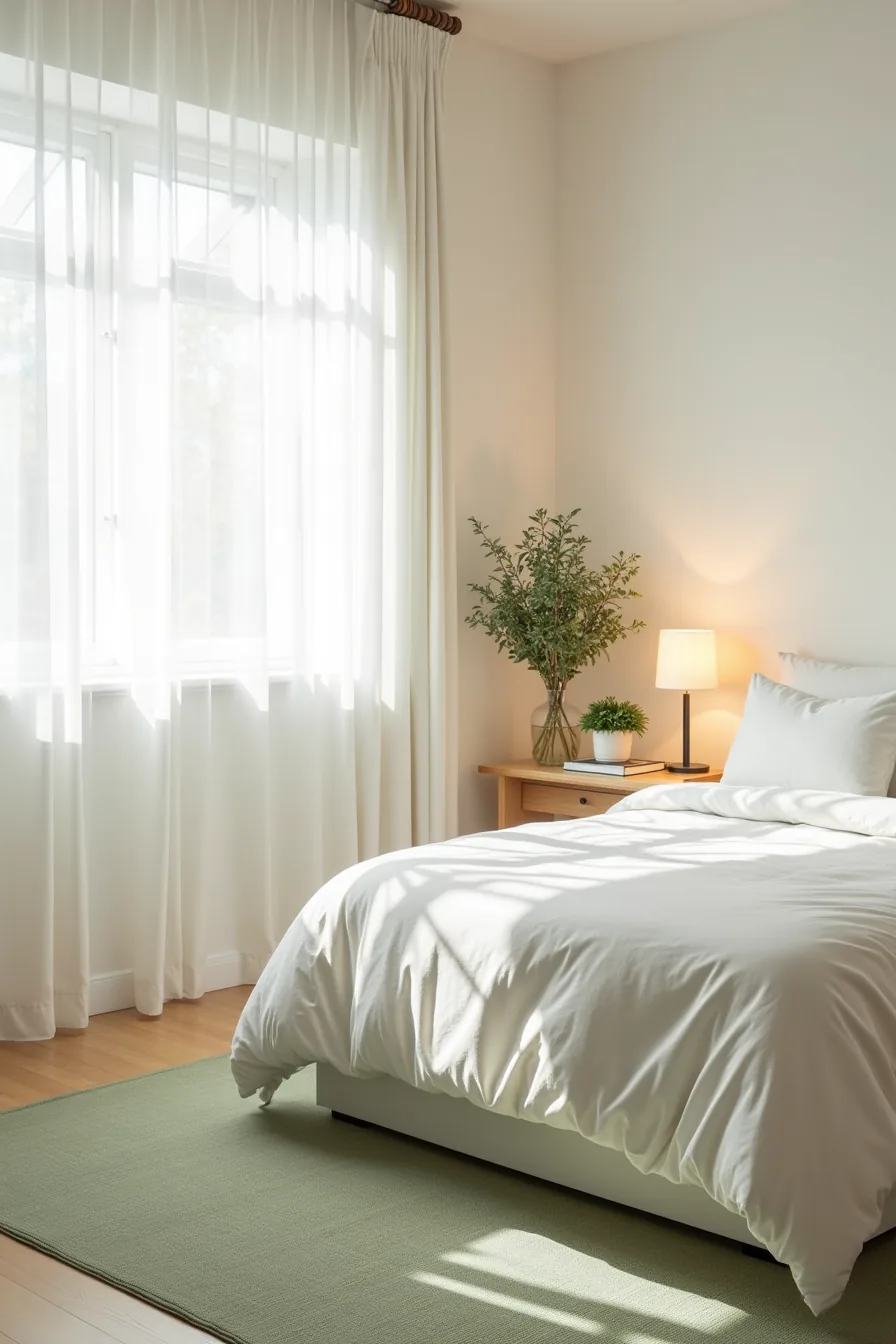 Sage-green flatweave rug beside bed with white linens and potted plant creates light seasonal bedroom.