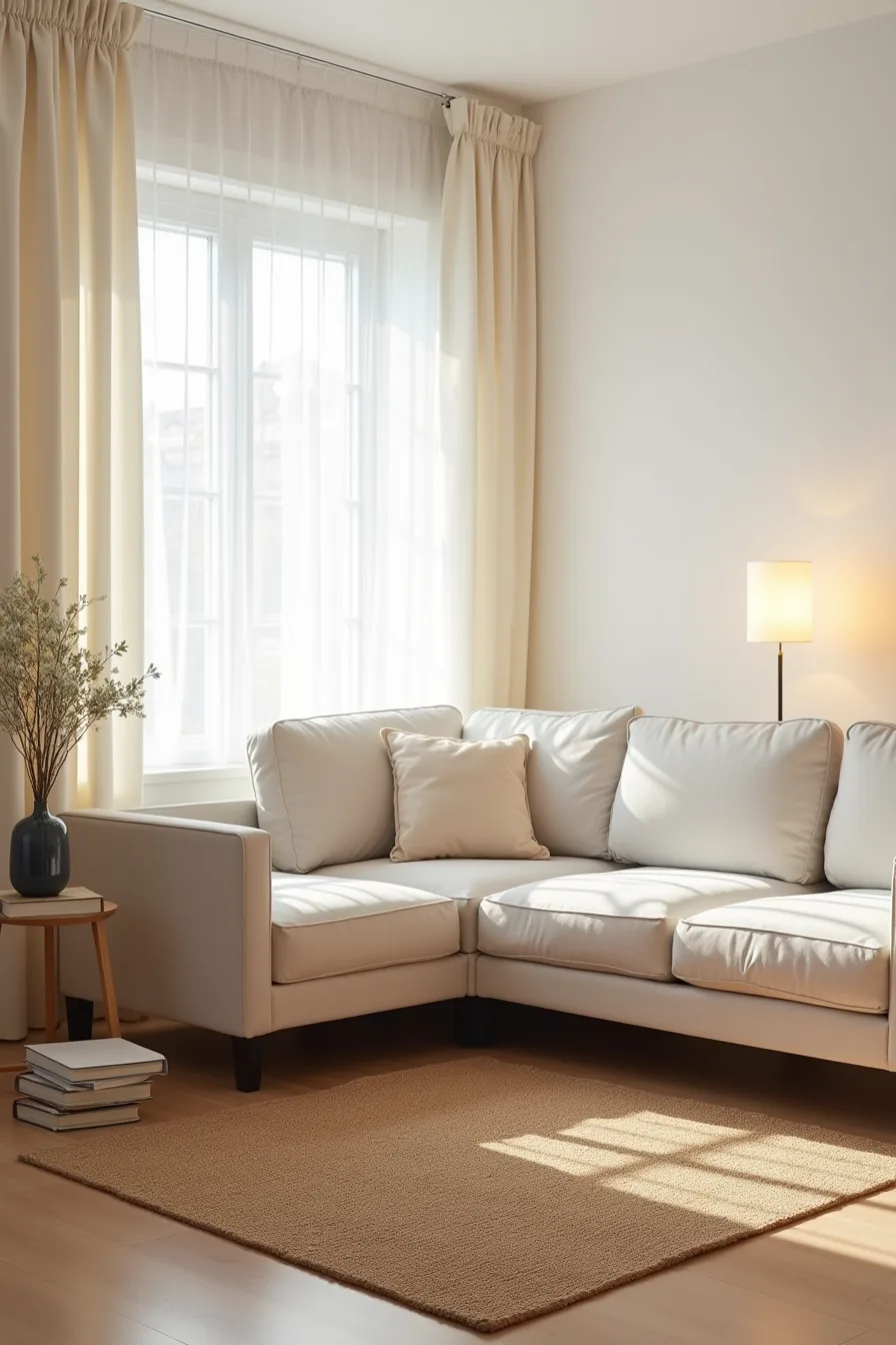 Sectional sofa with all front legs on jute rug, side table and throw pillow visible in corner.