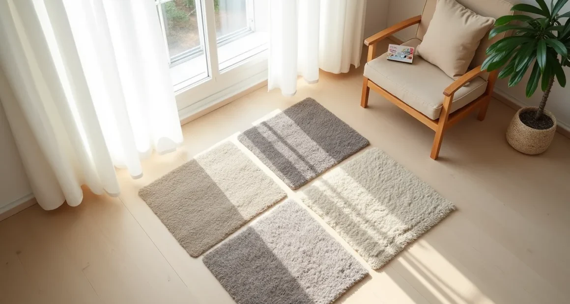 Four rug texture samples displayed in a grid on wooden flooring under natural light.