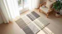Four rug texture samples displayed in a grid on wooden flooring under natural light.