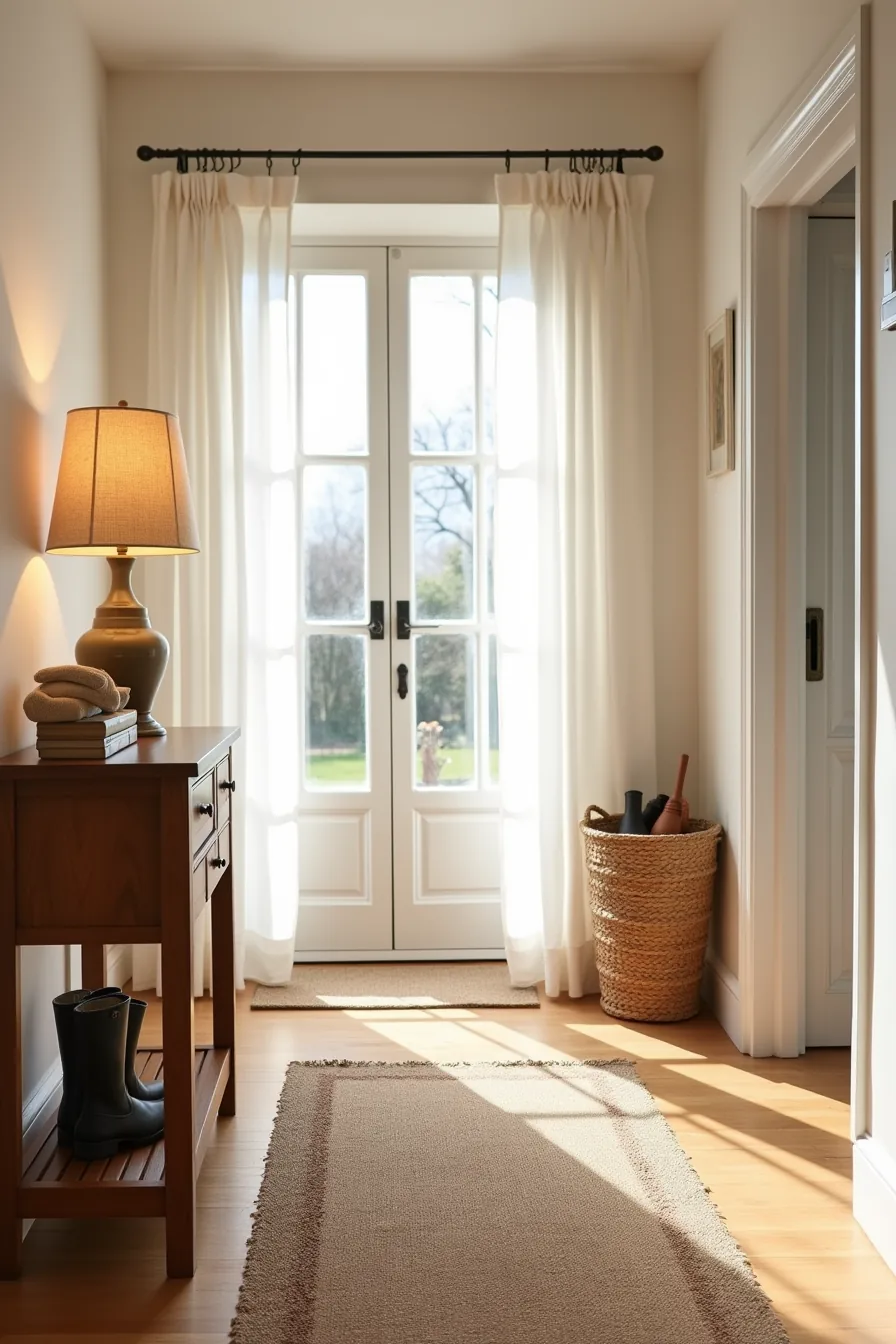 Durable jute rug in an entryway with console table, basket, and visible boot tray nearby.