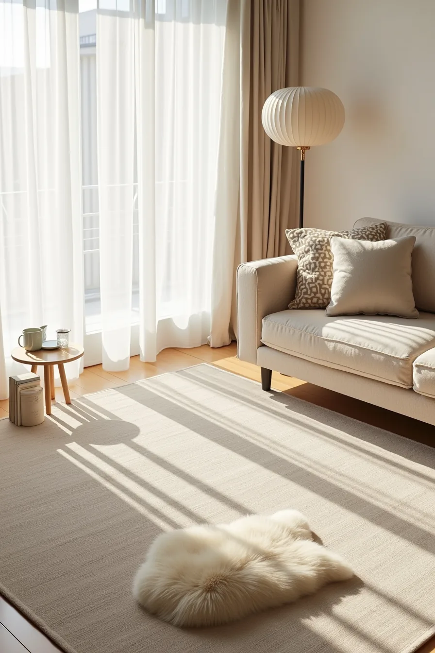 Three layered rugs in different textures and patterns stacked to show depth and design contrast.