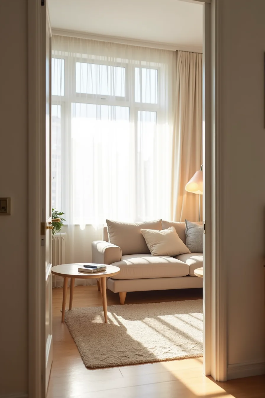 Compact geometric rug sized appropriately for a small studio apartment's seating area.