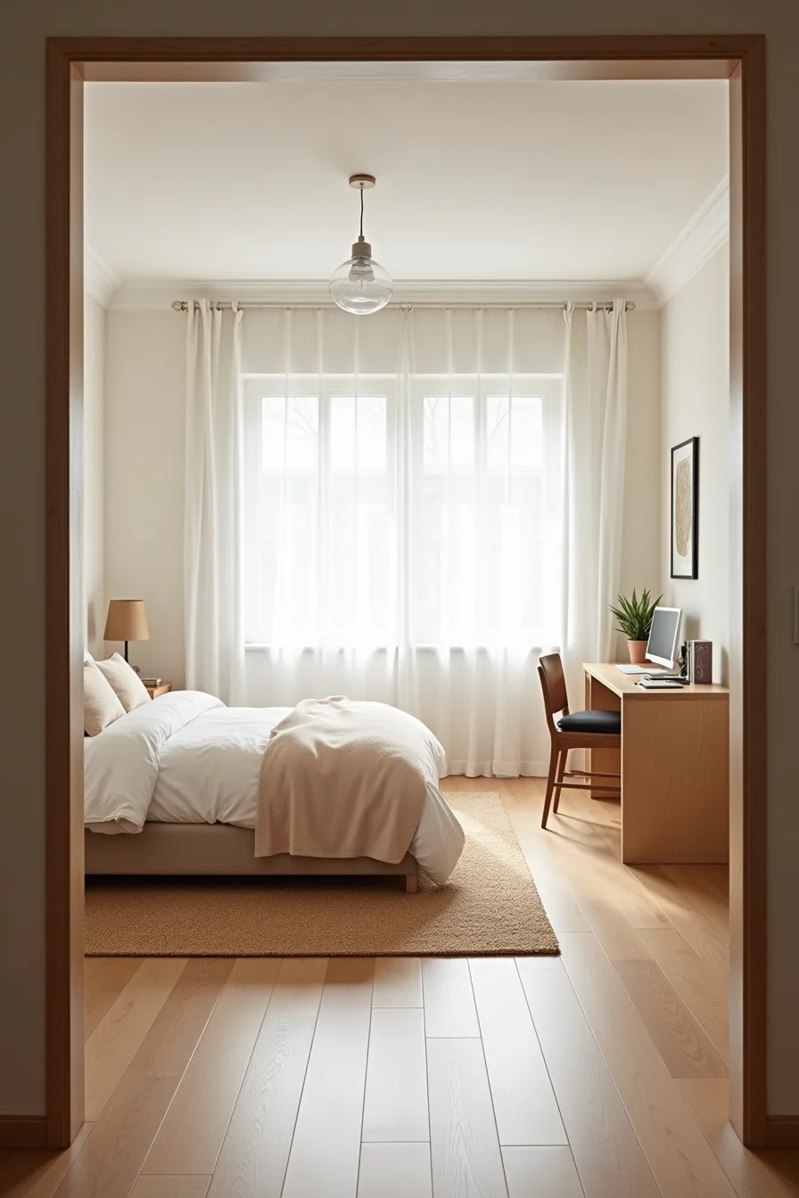 Bedroom with bed on jute rug and desk with chair positioned in opposite corner on exposed floor.